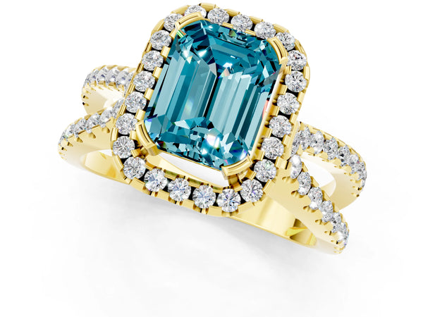 Yellow gold Emerald Cut Blue Topaz Halo Ring with Split Shank Pavé Band and Prong Setting