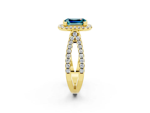 Yellow gold Emerald Cut Blue Topaz Halo Ring with Split Shank Pavé Band and Prong Setting_2
