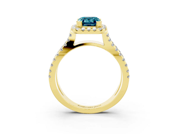 Yellow gold Emerald Cut Blue Topaz Halo Ring with Split Shank Pavé Band and Prong Setting