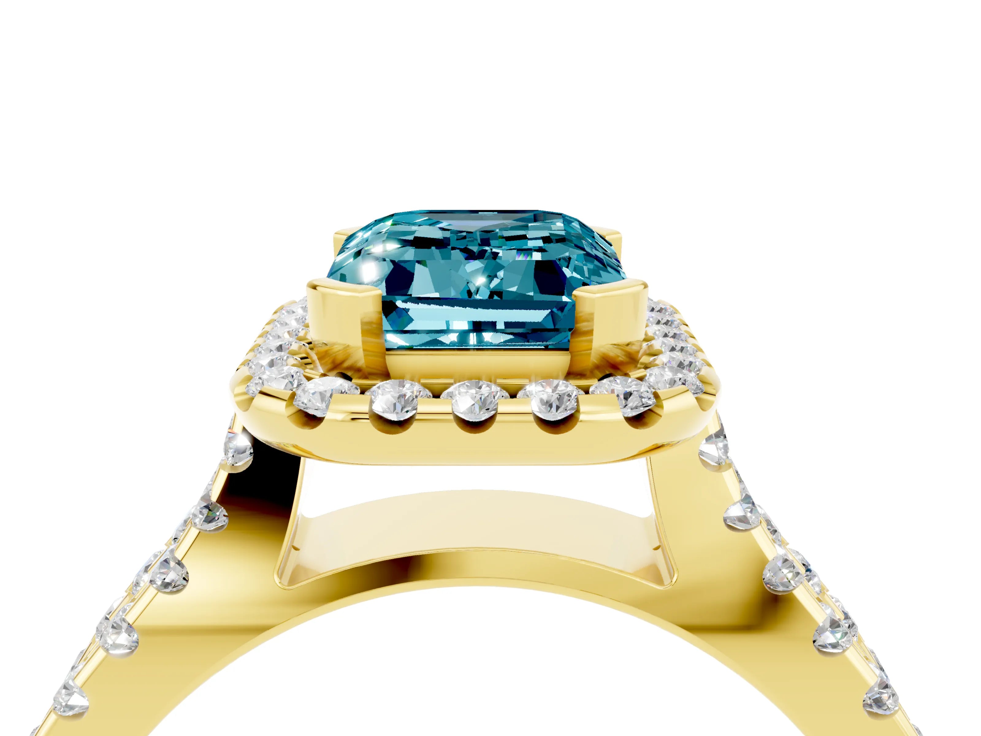 Yellow gold Emerald Cut Blue Topaz Halo Ring with Split Shank Pavé Band and Prong Setting_4