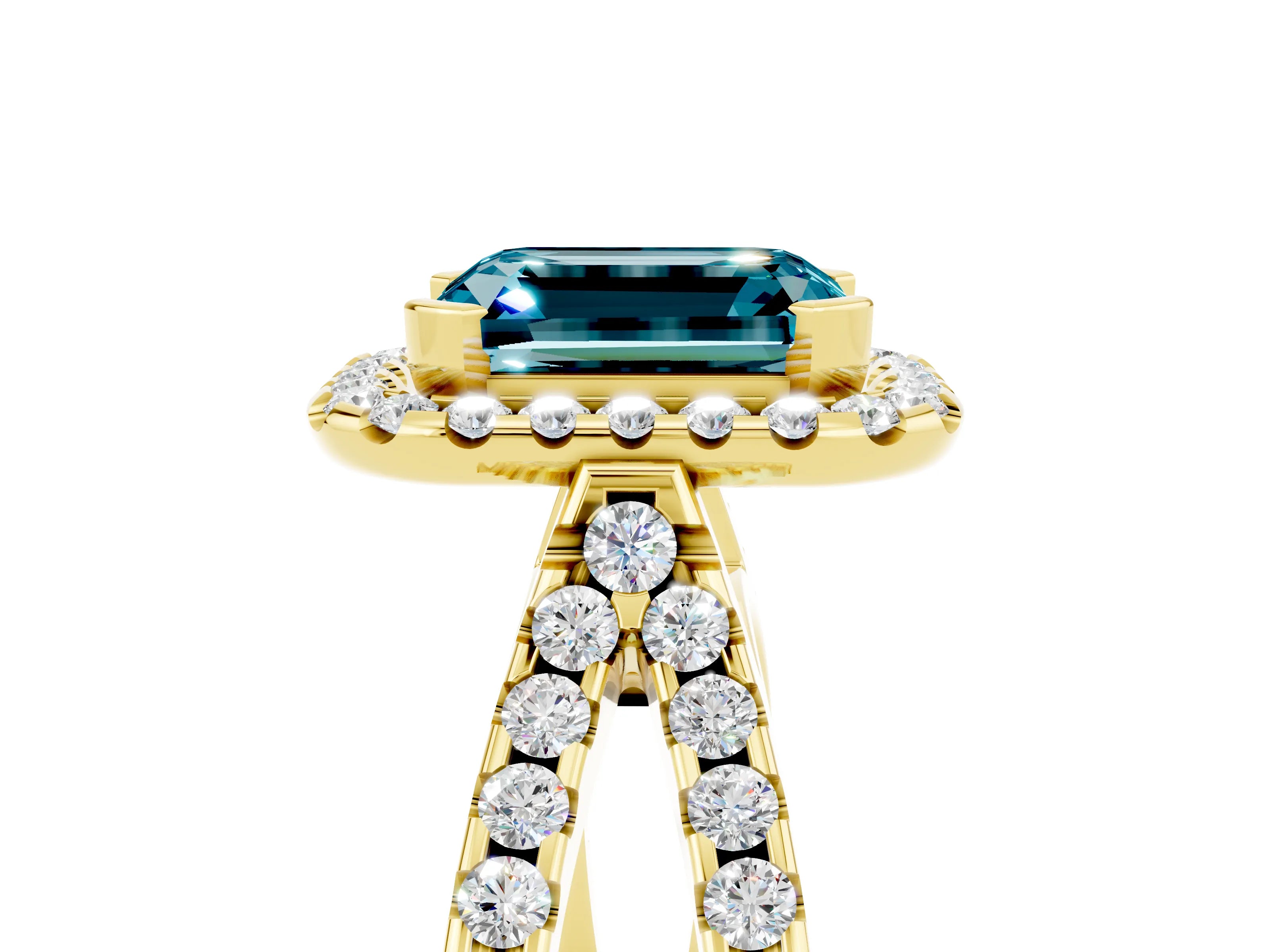 Yellow gold Emerald Cut Blue Topaz Halo Ring with Split Shank Pavé Band and Prong Setting_5