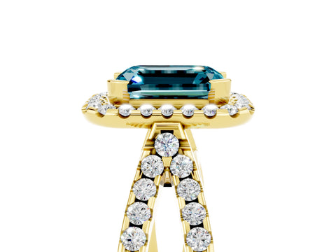 Yellow gold Emerald Cut Blue Topaz Halo Ring with Split Shank Pavé Band and Prong Setting_5