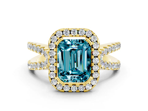 Yellow gold Emerald Cut Blue Topaz Halo Ring with Split Shank Pavé Band and Prong Setting