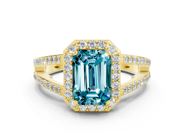 Yellow gold Emerald Cut Blue Topaz Halo Ring with Split Shank U-Prong Band and Four-Prong Setting