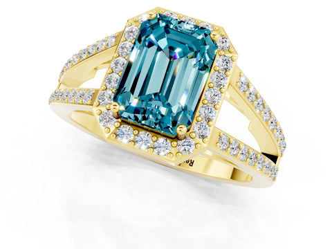 Yellow gold Emerald Cut Blue Topaz Halo Ring with Split Shank U-Prong Band and Four-Prong Setting_1