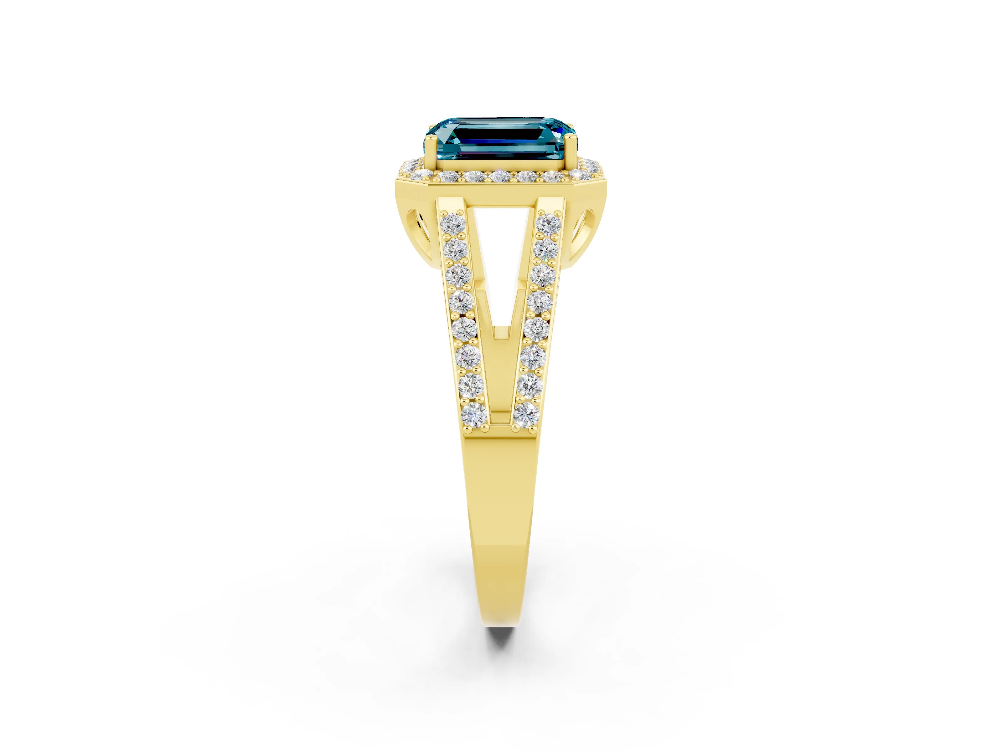 Yellow gold Emerald Cut Blue Topaz Halo Ring with Split Shank U-Prong Band and Four-Prong Setting_2