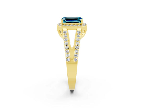 Yellow gold Emerald Cut Blue Topaz Halo Ring with Split Shank U-Prong Band and Four-Prong Setting