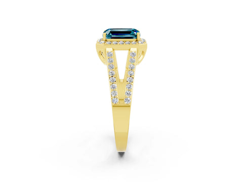 Yellow gold Emerald Cut Blue Topaz Halo Ring with Split Shank U-Prong Band and Four-Prong Setting_2