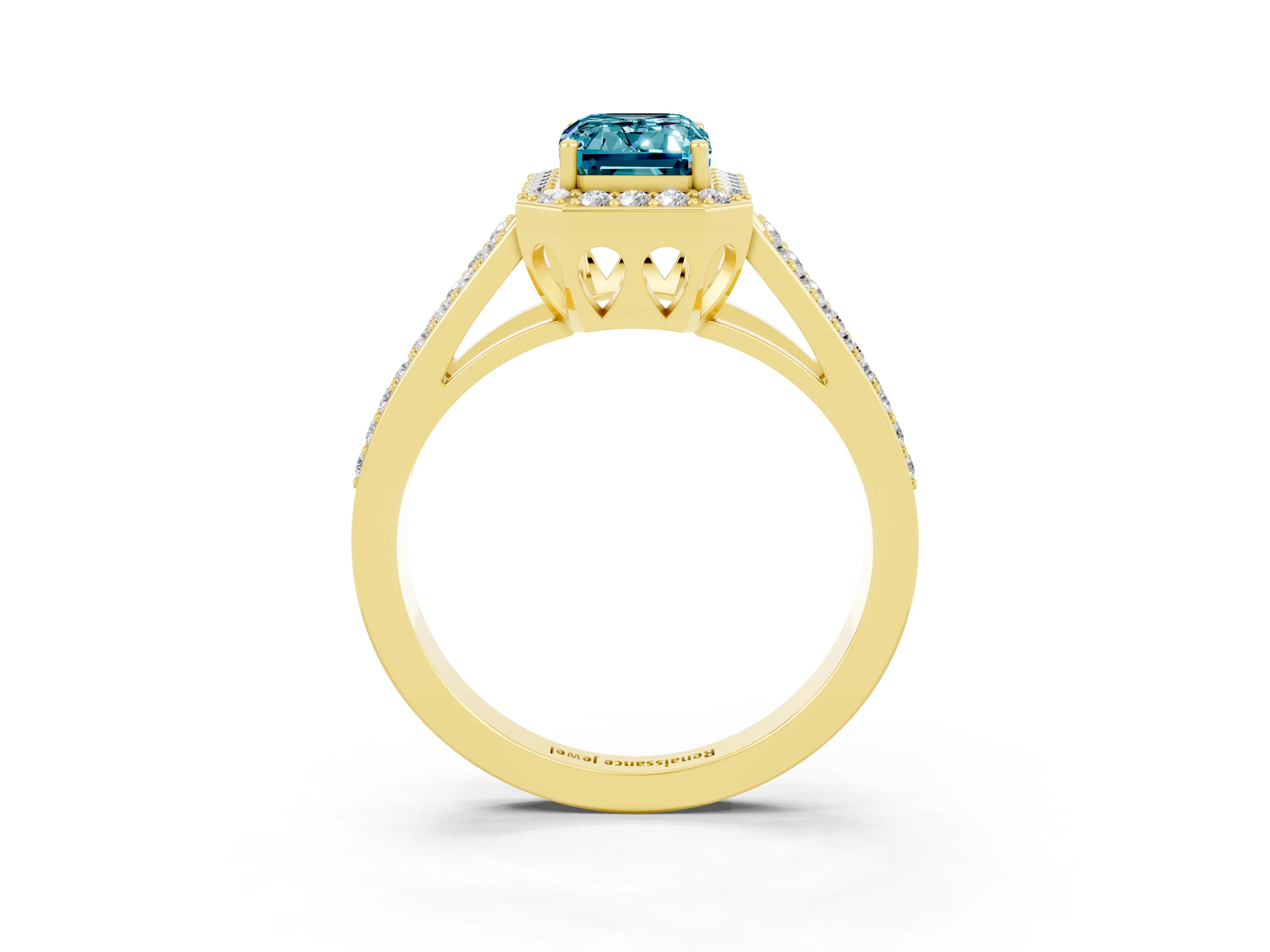 Yellow gold Emerald Cut Blue Topaz Halo Ring with Split Shank U-Prong Band and Four-Prong Setting_3