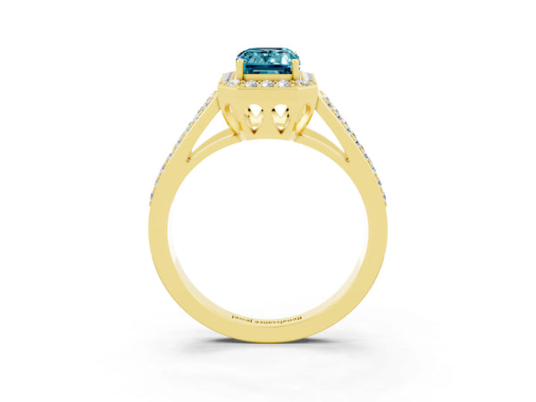 Yellow gold Emerald Cut Blue Topaz Halo Ring with Split Shank U-Prong Band and Four-Prong Setting