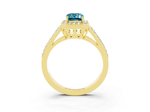 Yellow gold Emerald Cut Blue Topaz Halo Ring with Split Shank U-Prong Band and Four-Prong Setting_3