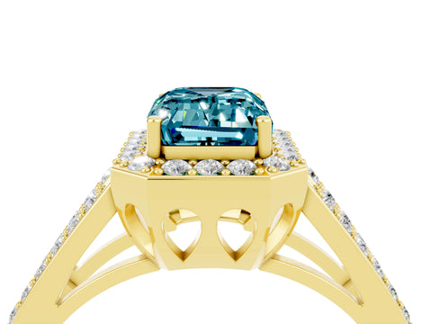 Yellow gold Emerald Cut Blue Topaz Halo Ring with Split Shank U-Prong Band and Four-Prong Setting_4