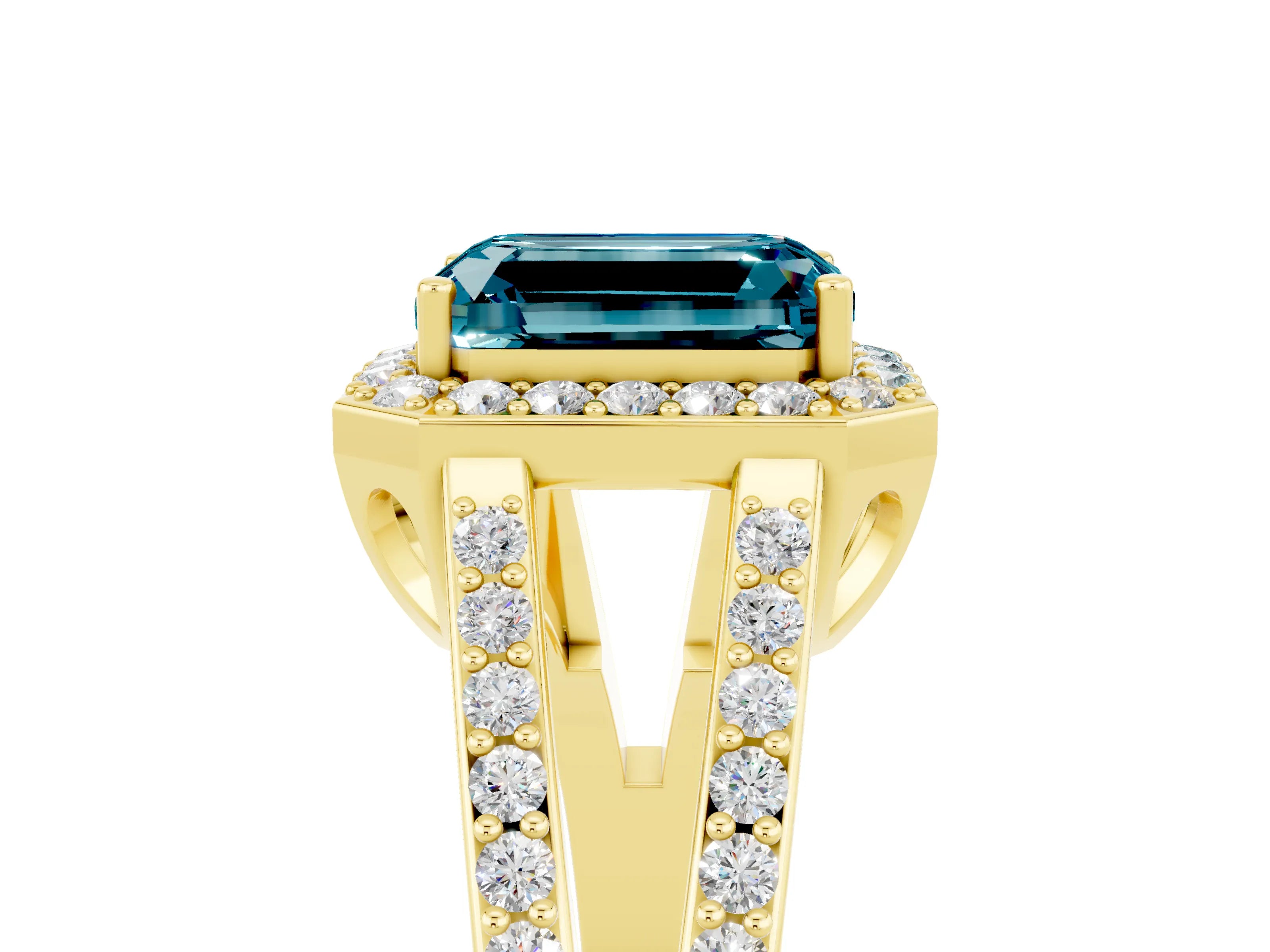 Yellow gold Emerald Cut Blue Topaz Halo Ring with Split Shank U-Prong Band and Four-Prong Setting_5