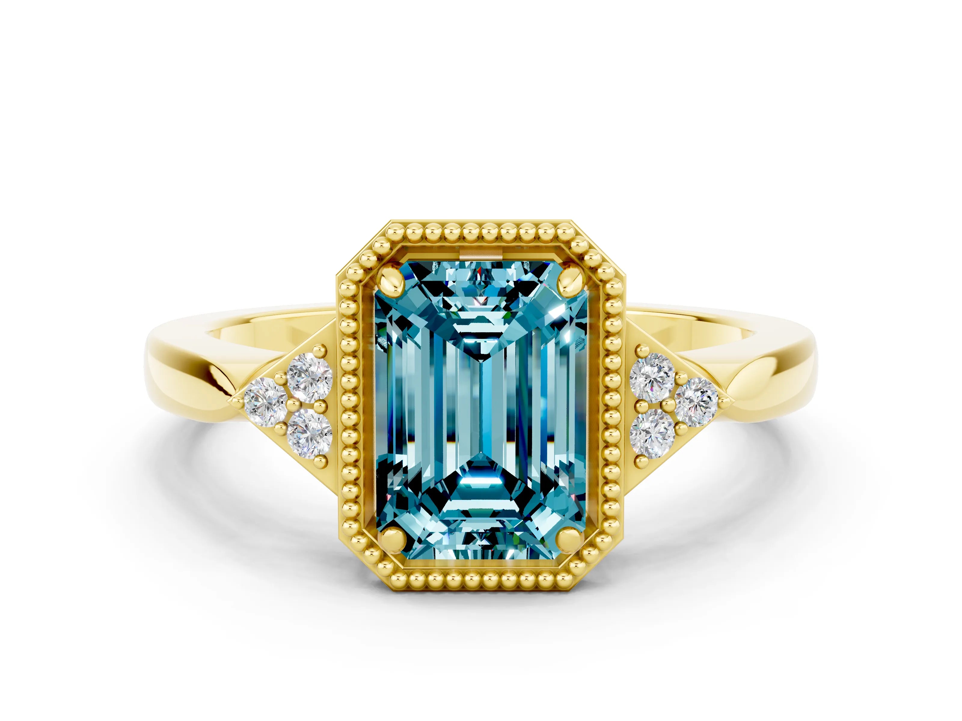 Yellow gold Emerald Cut Blue Topaz Halo Ring with Tapered Band and Four-Prong Setting