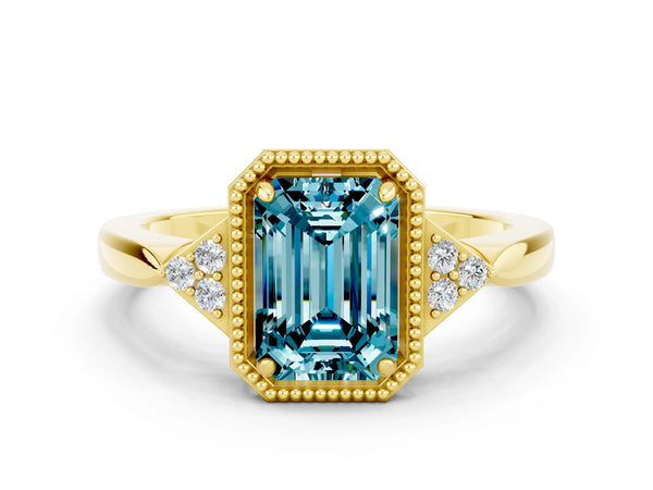Yellow gold Emerald Cut Blue Topaz Halo Ring with Tapered Band and Four-Prong Setting