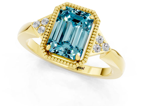 Yellow gold Emerald Cut Blue Topaz Halo Ring with Tapered Band and Four-Prong Setting_1