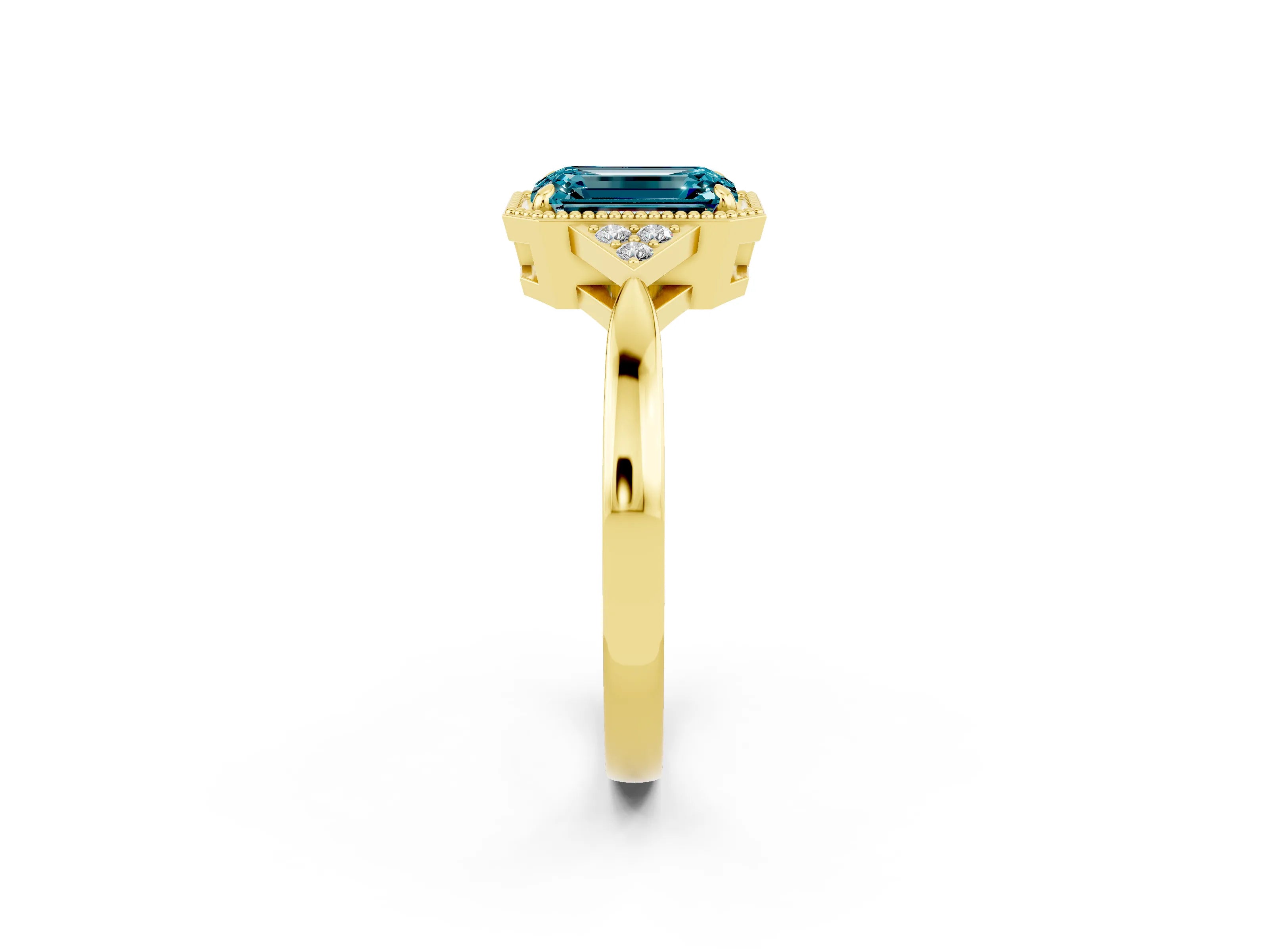 Yellow gold Emerald Cut Blue Topaz Halo Ring with Tapered Band and Four-Prong Setting_2