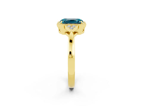 Yellow gold Emerald Cut Blue Topaz Halo Ring with Tapered Band and Four-Prong Setting_2