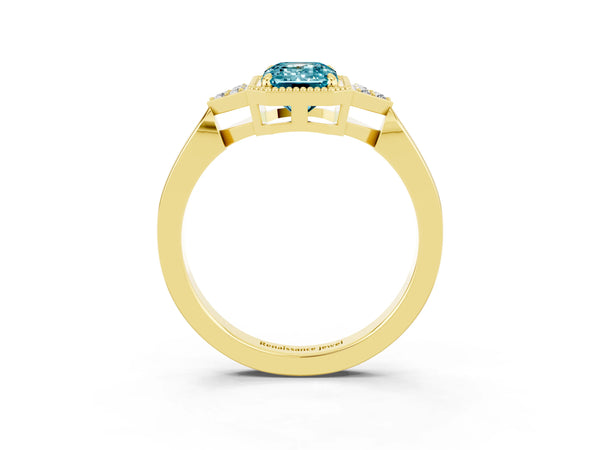 Yellow gold Emerald Cut Blue Topaz Halo Ring with Tapered Band and Four-Prong Setting