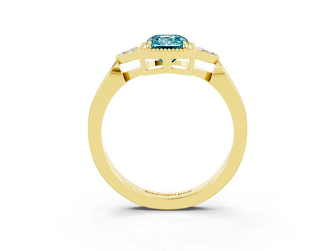 Yellow gold Emerald Cut Blue Topaz Halo Ring with Tapered Band and Four-Prong Setting_3