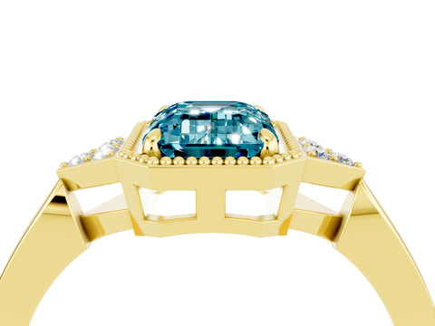 Yellow gold Emerald Cut Blue Topaz Halo Ring with Tapered Band and Four-Prong Setting_4