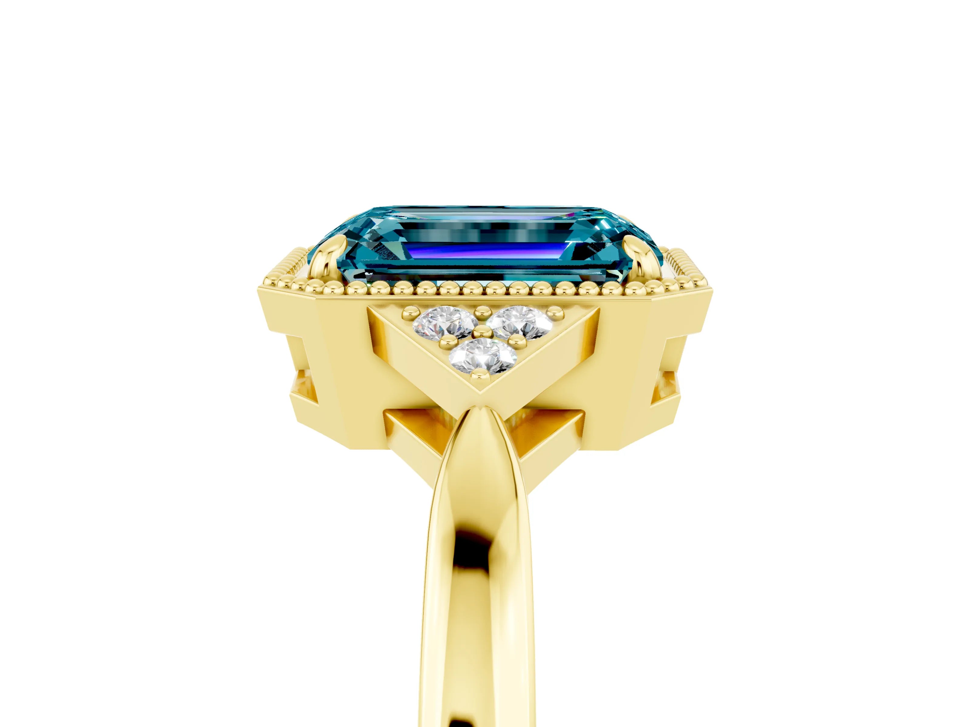 Yellow gold Emerald Cut Blue Topaz Halo Ring with Tapered Band and Four-Prong Setting_5