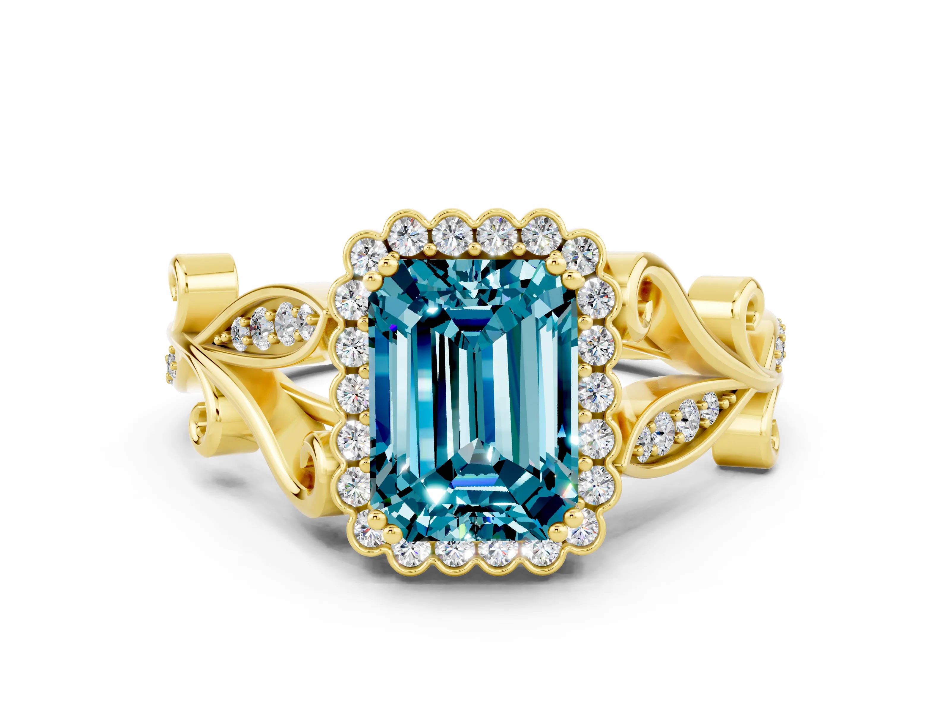 Yellow gold Emerald Cut Blue Topaz Halo Ring with Vintage Split Shank and Four-Prong Setting