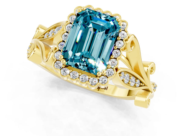Yellow gold Emerald Cut Blue Topaz Halo Ring with Vintage Split Shank and Four-Prong Setting