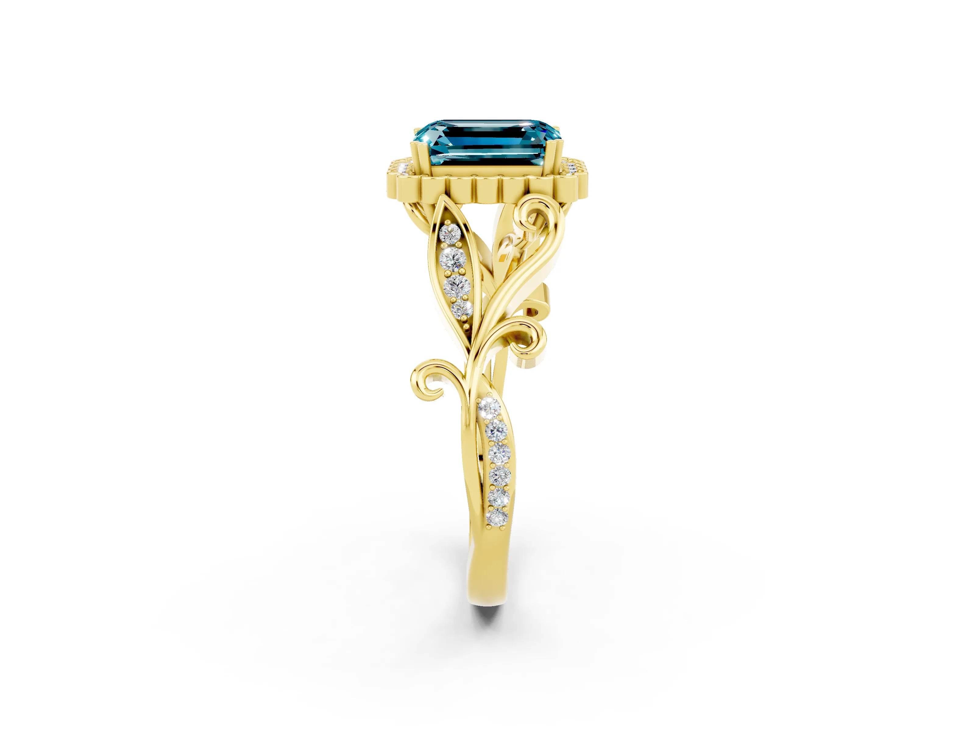 Yellow gold Emerald Cut Blue Topaz Halo Ring with Vintage Split Shank and Four-Prong Setting_2