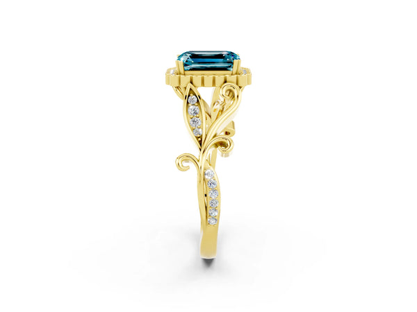 Yellow gold Emerald Cut Blue Topaz Halo Ring with Vintage Split Shank and Four-Prong Setting