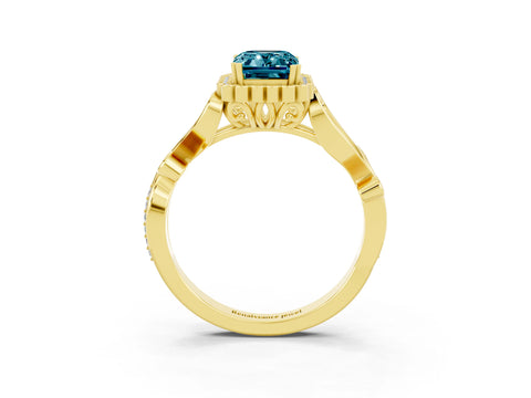 Yellow gold Emerald Cut Blue Topaz Halo Ring with Vintage Split Shank and Four-Prong Setting_3