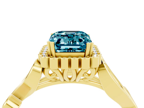 Yellow gold Emerald Cut Blue Topaz Halo Ring with Vintage Split Shank and Four-Prong Setting_4