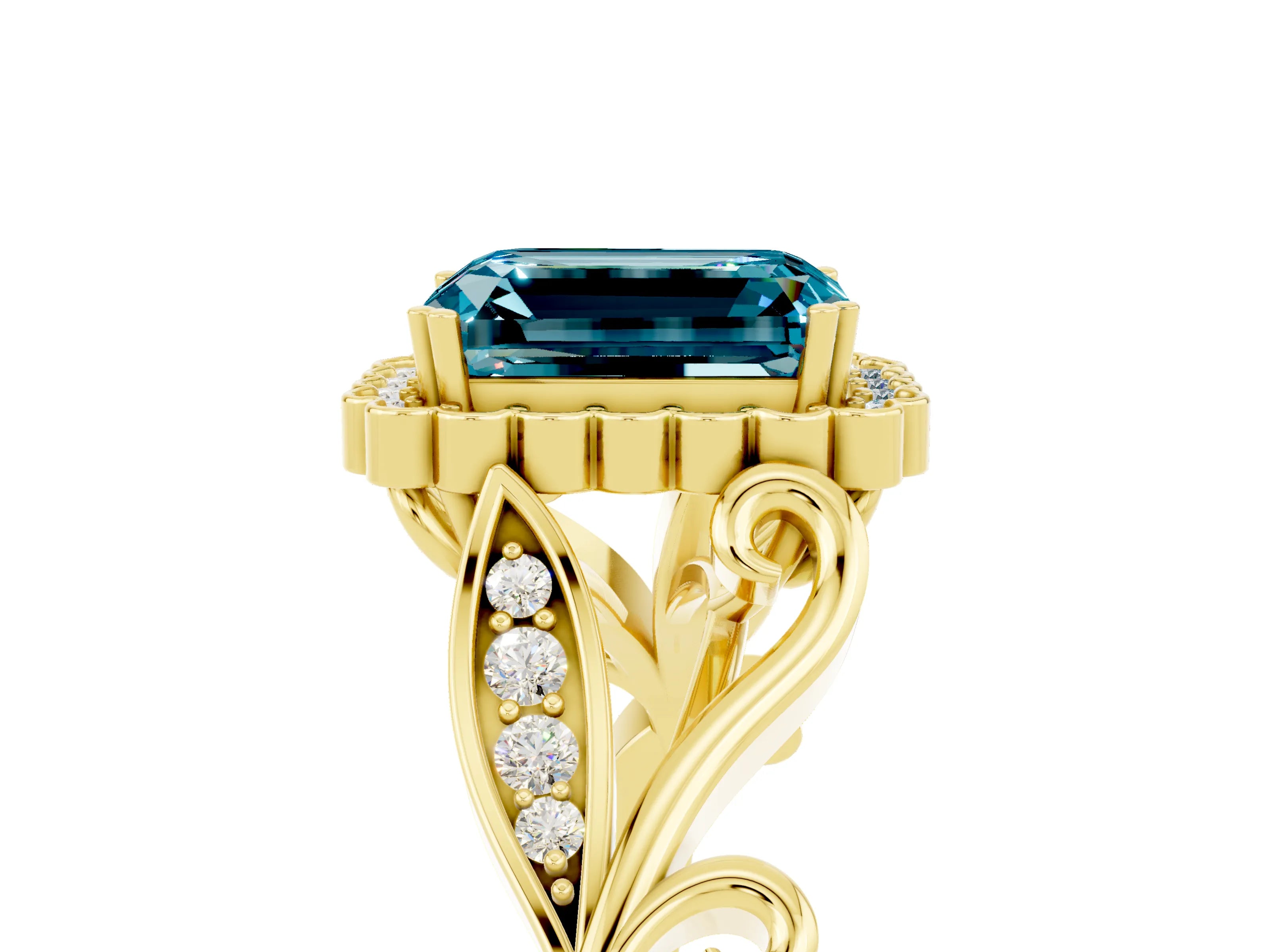 Yellow gold Emerald Cut Blue Topaz Halo Ring with Vintage Split Shank and Four-Prong Setting_5