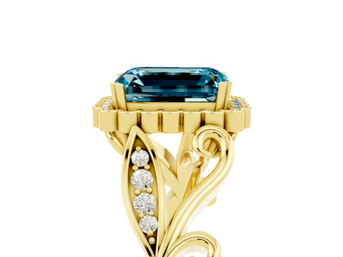 Yellow gold Emerald Cut Blue Topaz Halo Ring with Vintage Split Shank and Four-Prong Setting_5