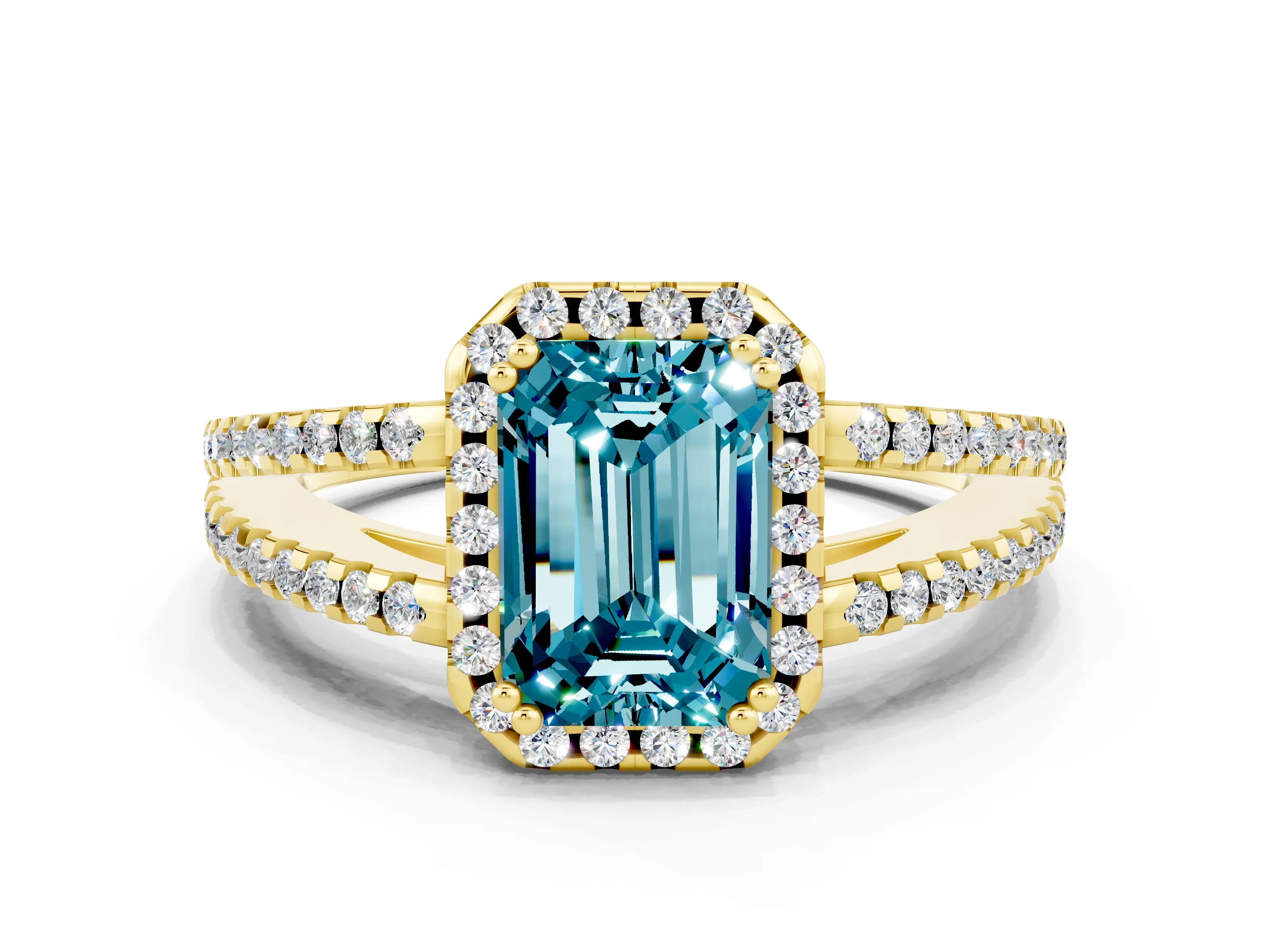 Yellow gold Emerald Cut Blue Topaz Halo Split Shank Engagement Ring_12