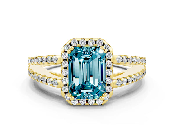 Yellow gold Emerald Cut Blue Topaz Halo Split Shank Engagement Ring