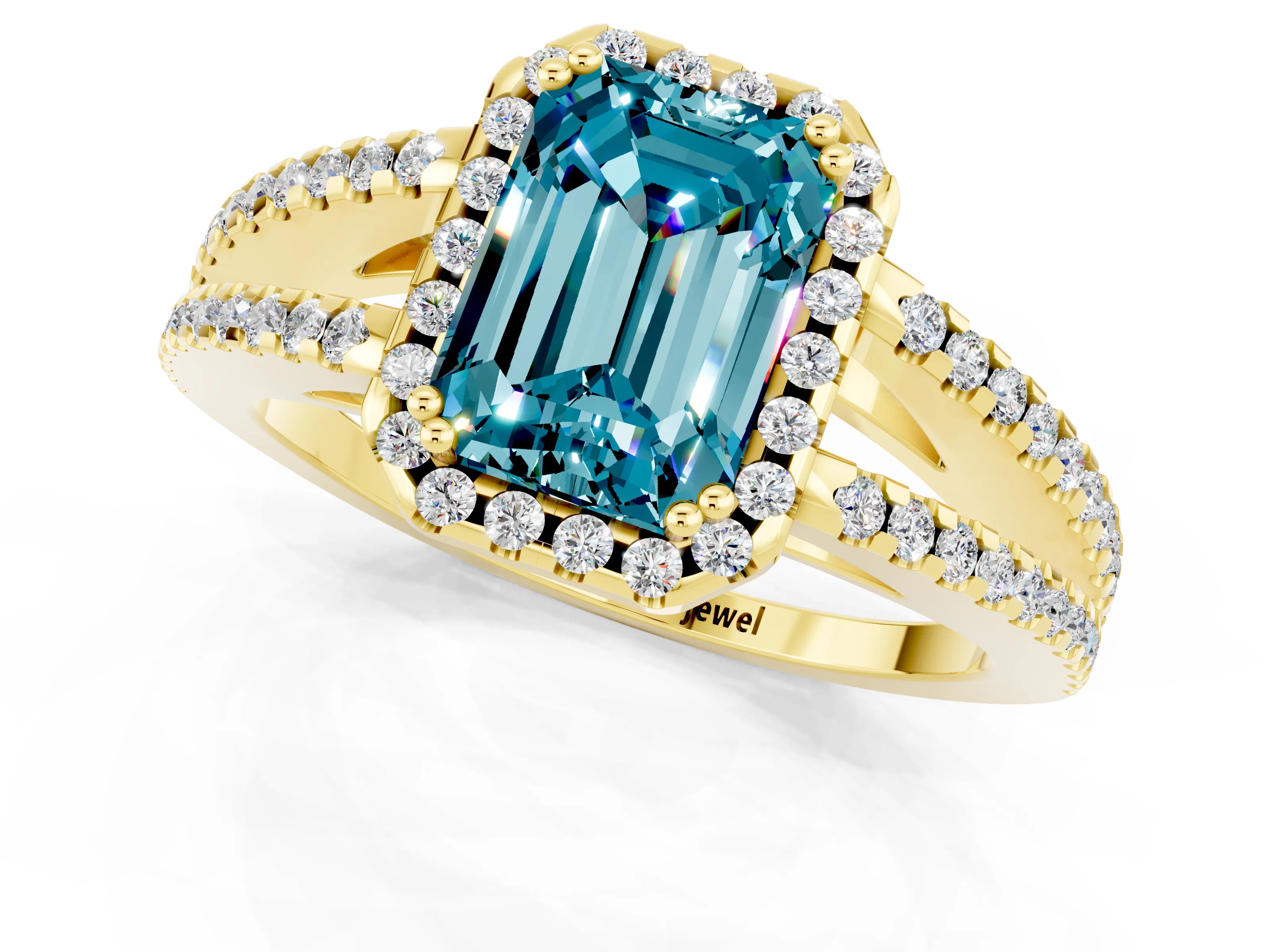 Yellow gold Emerald Cut Blue Topaz Halo Split Shank Engagement Ring_13