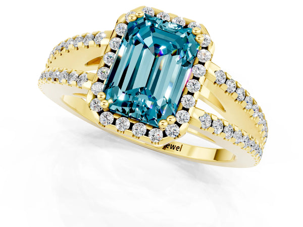 Yellow gold Emerald Cut Blue Topaz Halo Split Shank Engagement Ring