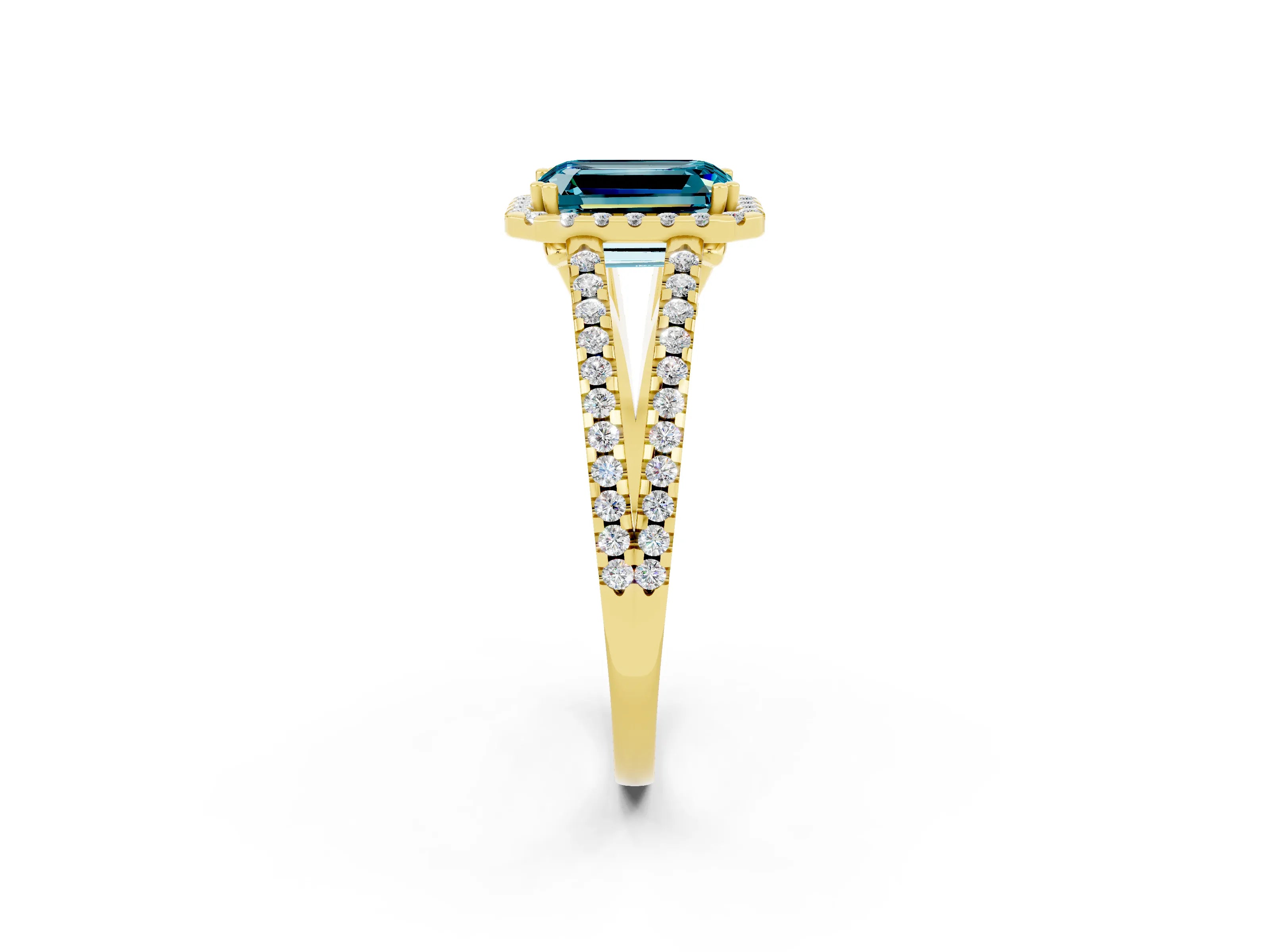 Yellow gold Emerald Cut Blue Topaz Halo Split Shank Engagement Ring_14