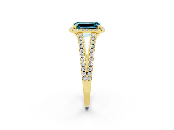 Yellow gold Emerald Cut Blue Topaz Halo Split Shank Engagement Ring