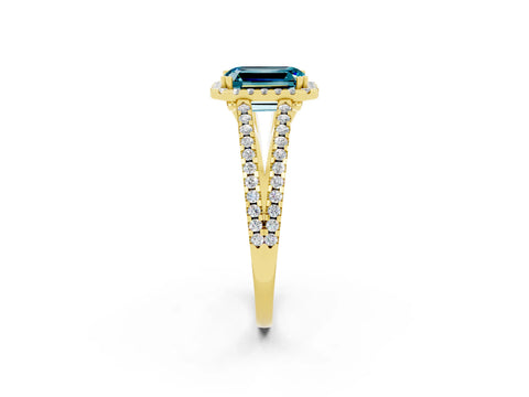 Yellow gold Emerald Cut Blue Topaz Halo Split Shank Engagement Ring_14