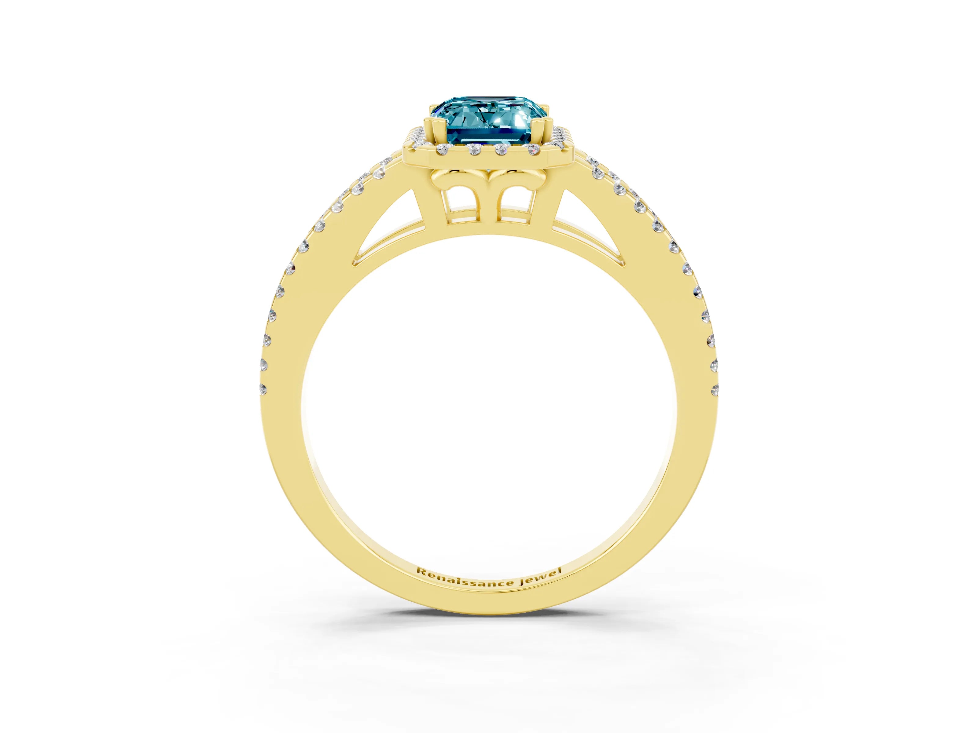 Yellow gold Emerald Cut Blue Topaz Halo Split Shank Engagement Ring_15