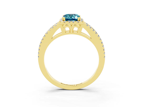 Yellow gold Emerald Cut Blue Topaz Halo Split Shank Engagement Ring