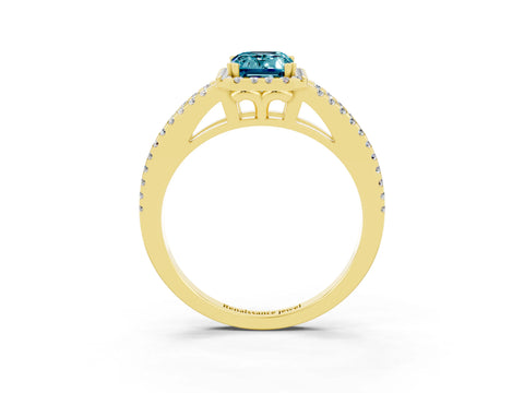 Yellow gold Emerald Cut Blue Topaz Halo Split Shank Engagement Ring_15