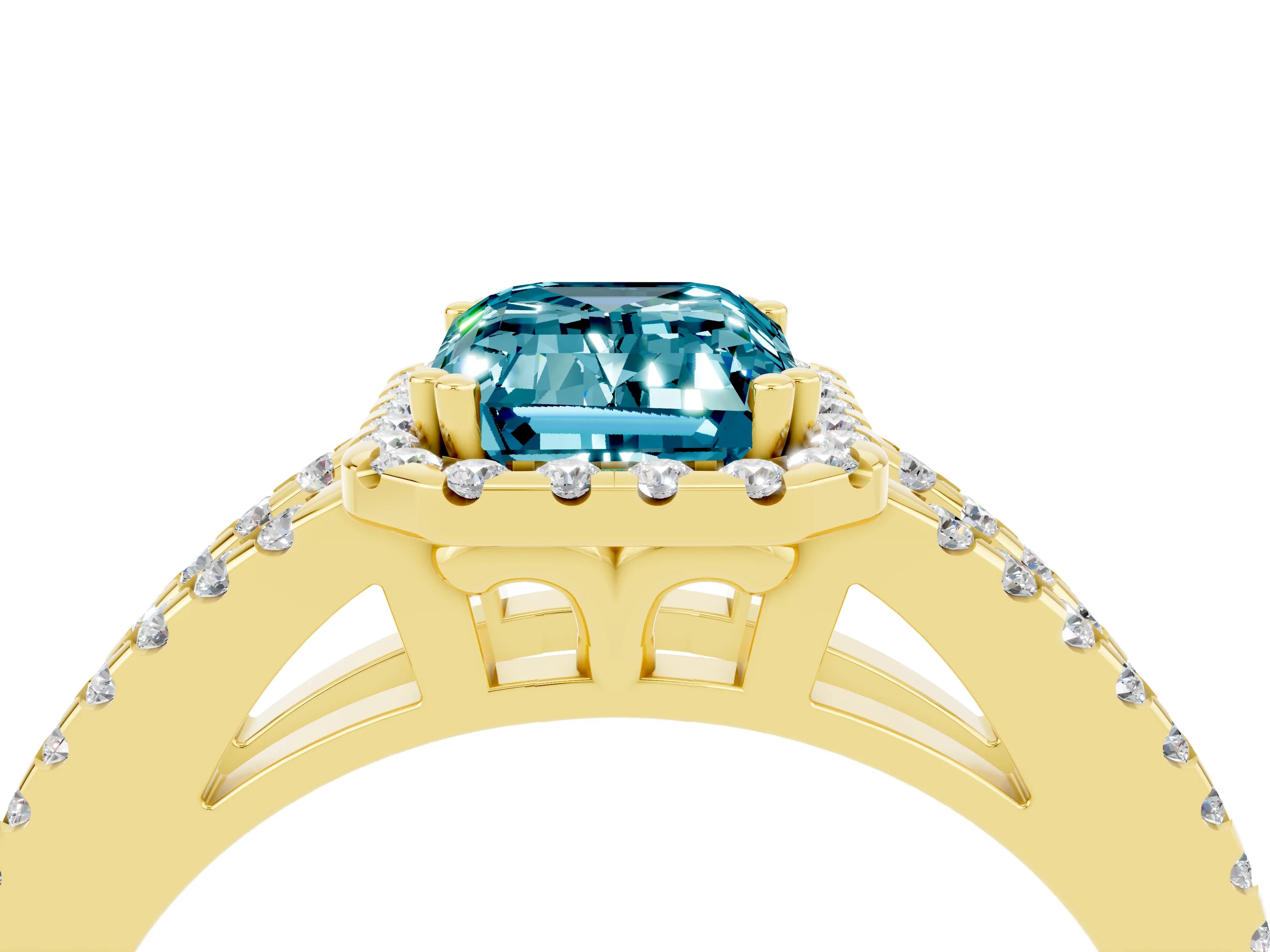 Yellow gold Emerald Cut Blue Topaz Halo Split Shank Engagement Ring_16