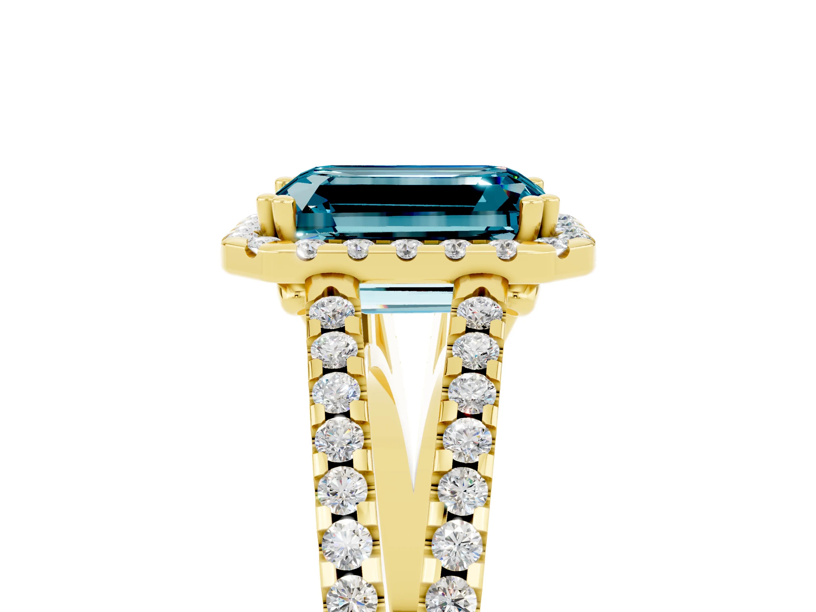 Yellow gold Emerald Cut Blue Topaz Halo Split Shank Engagement Ring_17