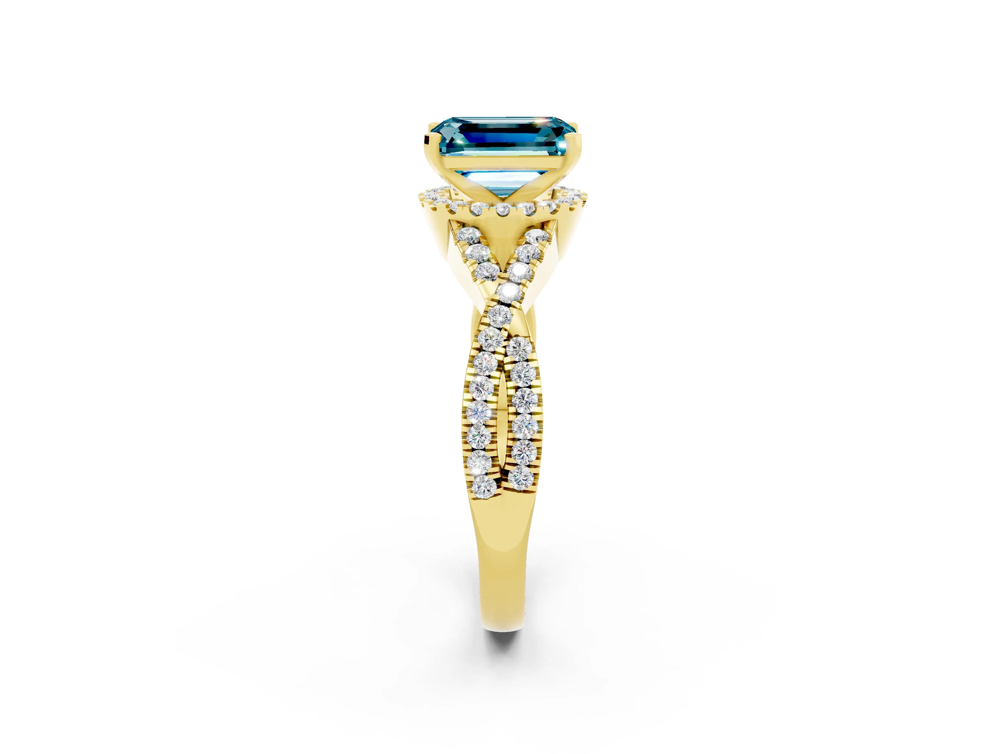 Yellow gold Emerald Cut Blue Topaz Halo Twist Band Solitaire Prong Setting Ring_2