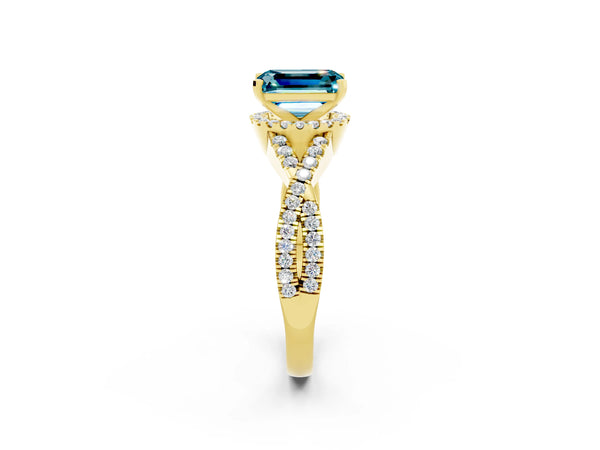 Yellow gold Emerald Cut Blue Topaz  Halo Twist Band Solitaire Prong Setting Ring