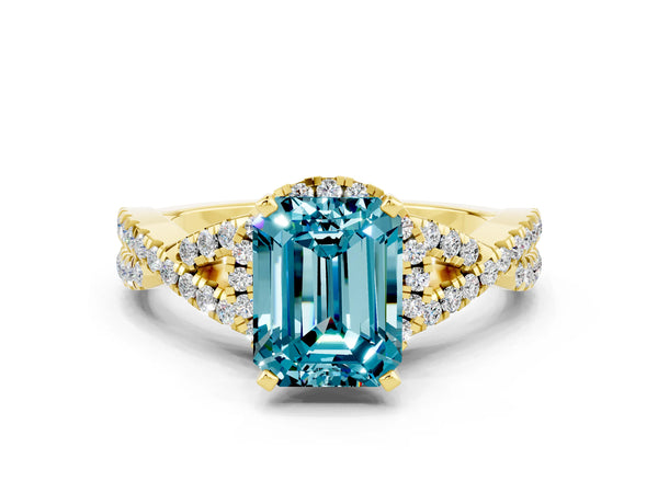 Yellow gold Emerald Cut Blue Topaz  Halo Twist Band Solitaire Prong Setting Ring