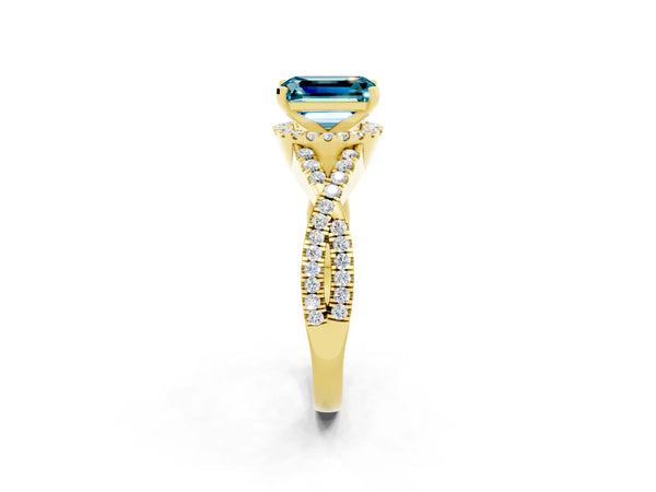 Yellow gold Emerald Cut Blue Topaz  Halo Twist Band Solitaire Prong Setting Ring
